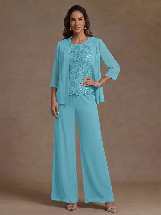 3 Pieces Suit Chiffon Mother of the Bride Pantsuits with Jacket Scoop 3/4 Sleeves Ankle Length Lace Sequins