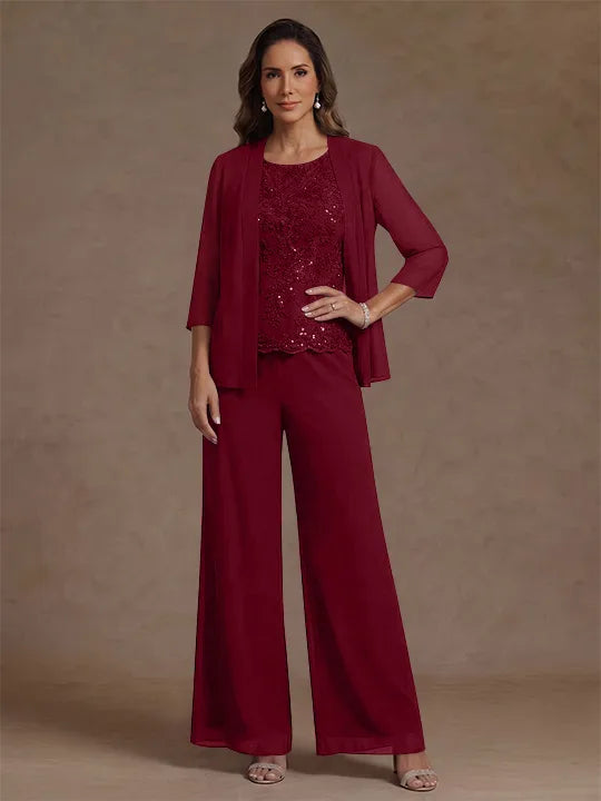3 Pieces Suit Chiffon Mother of the Bride Pantsuits with Jacket Scoop 3/4 Sleeves Ankle Length Lace Sequins