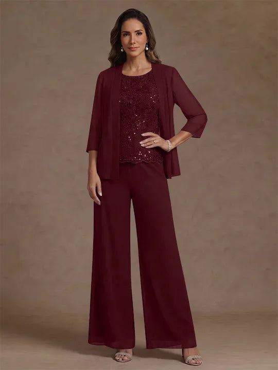 3 Pieces Suit Chiffon Mother of the Bride Pantsuits with Jacket Scoop 3/4 Sleeves Ankle Length Lace Sequins