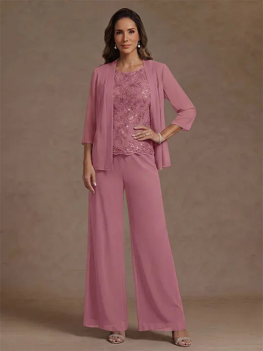 3 Pieces Suit Chiffon Mother of the Bride Pantsuits with Jacket Scoop 3/4 Sleeves Ankle Length Lace Sequins