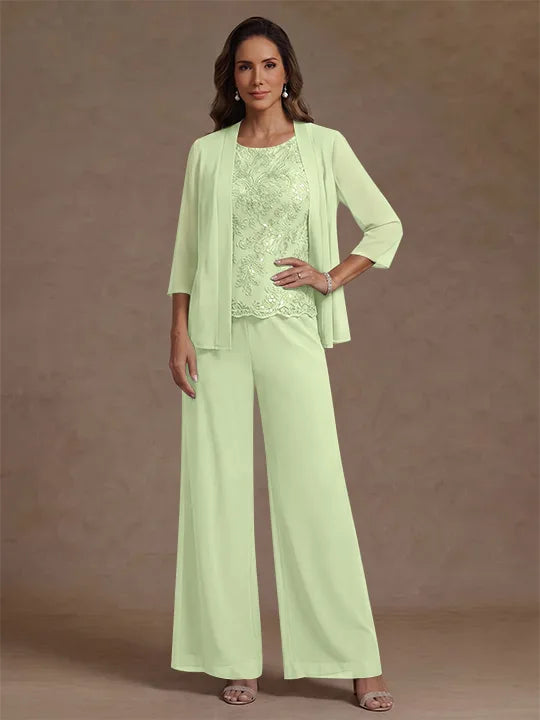 3 Pieces Suit Chiffon Mother of the Bride Pantsuits with Jacket Scoop 3/4 Sleeves Ankle Length Lace Sequins