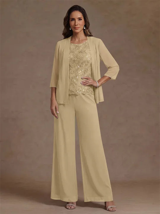 3 Pieces Suit Chiffon Mother of the Bride Pantsuits with Jacket Scoop 3/4 Sleeves Ankle Length Lace Sequins