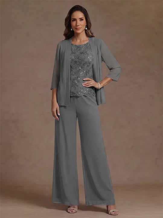 3 Pieces Suit Chiffon Mother of the Bride Pantsuits with Jacket Scoop 3/4 Sleeves Ankle Length Lace Sequins