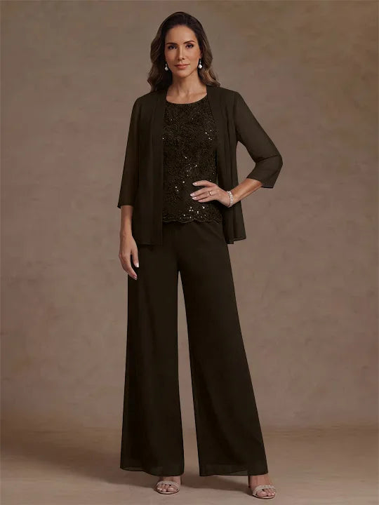 3 Pieces Suit Chiffon Mother of the Bride Pantsuits with Jacket Scoop 3/4 Sleeves Ankle Length Lace Sequins
