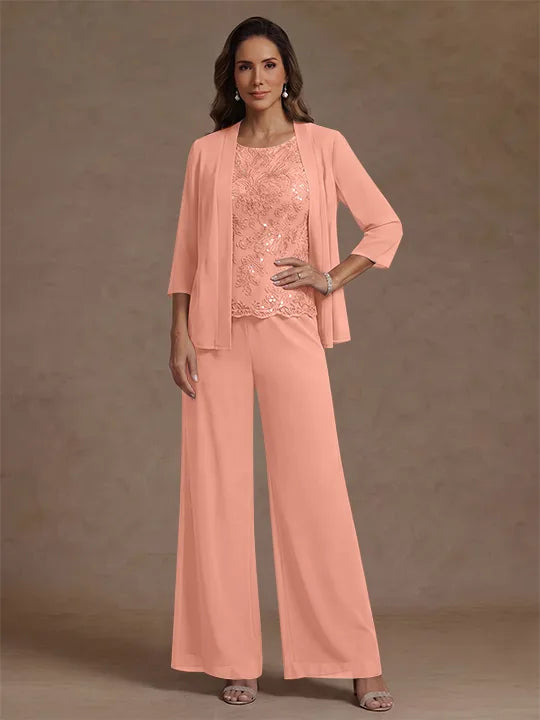 3 Pieces Suit Chiffon Mother of the Bride Pantsuits with Jacket Scoop 3/4 Sleeves Ankle Length Lace Sequins