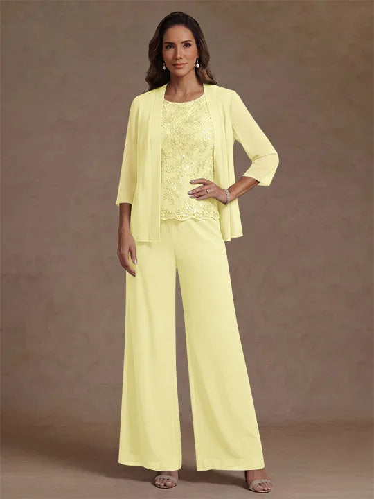 3 Pieces Suit Chiffon Mother of the Bride Pantsuits with Jacket Scoop 3/4 Sleeves Ankle Length Lace Sequins