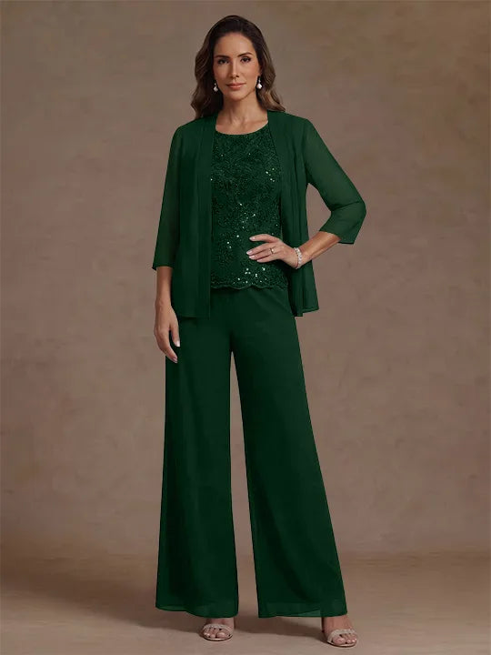 3 Pieces Suit Chiffon Mother of the Bride Pantsuits with Jacket Scoop 3/4 Sleeves Ankle Length Lace Sequins