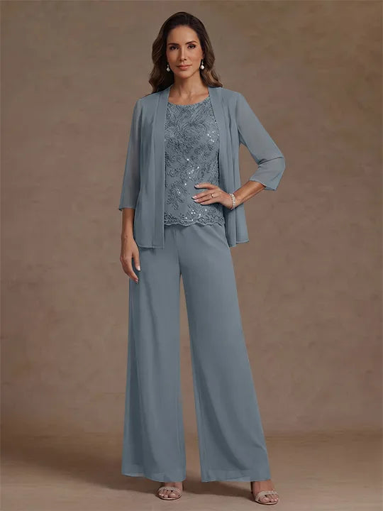 3 Pieces Suit Chiffon Mother of the Bride Pantsuits with Jacket Scoop 3/4 Sleeves Ankle Length Lace Sequins