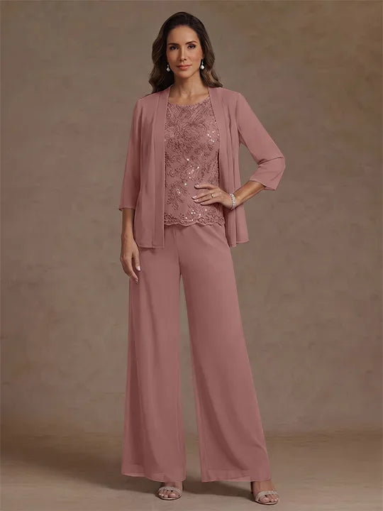 3 Pieces Suit Chiffon Mother of the Bride Pantsuits with Jacket Scoop 3/4 Sleeves Ankle Length Lace Sequins