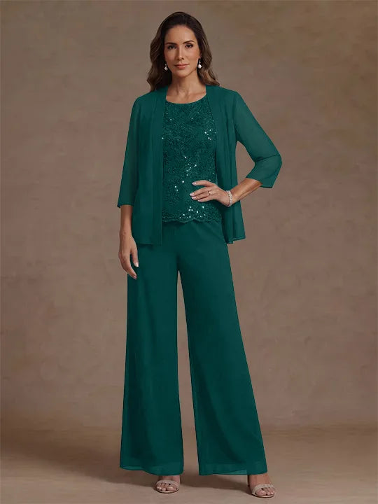 3 Pieces Suit Chiffon Mother of the Bride Pantsuits with Jacket Scoop 3/4 Sleeves Ankle Length Lace Sequins