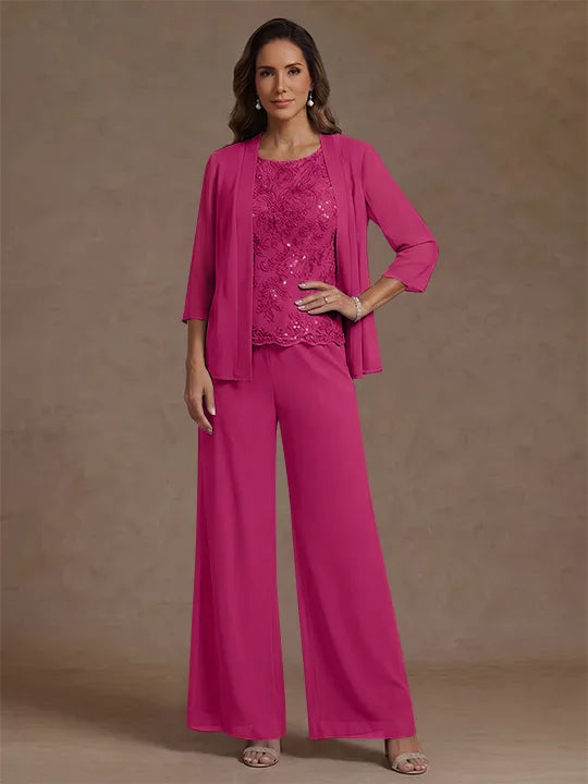 3 Pieces Suit Chiffon Mother of the Bride Pantsuits with Jacket Scoop 3/4 Sleeves Ankle Length Lace Sequins