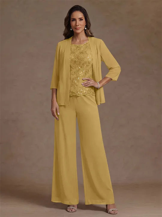 3 Pieces Suit Chiffon Mother of the Bride Pantsuits with Jacket Scoop 3/4 Sleeves Ankle Length Lace Sequins