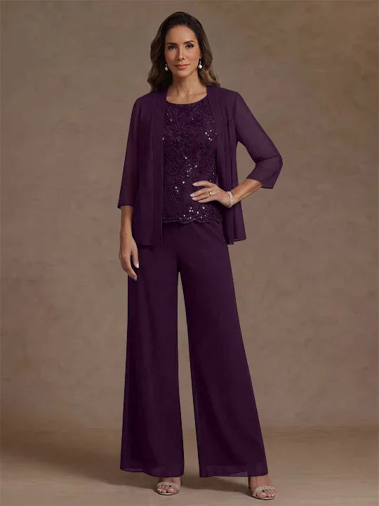 3 Pieces Suit Chiffon Mother of the Bride Pantsuits with Jacket Scoop 3/4 Sleeves Ankle Length Lace Sequins