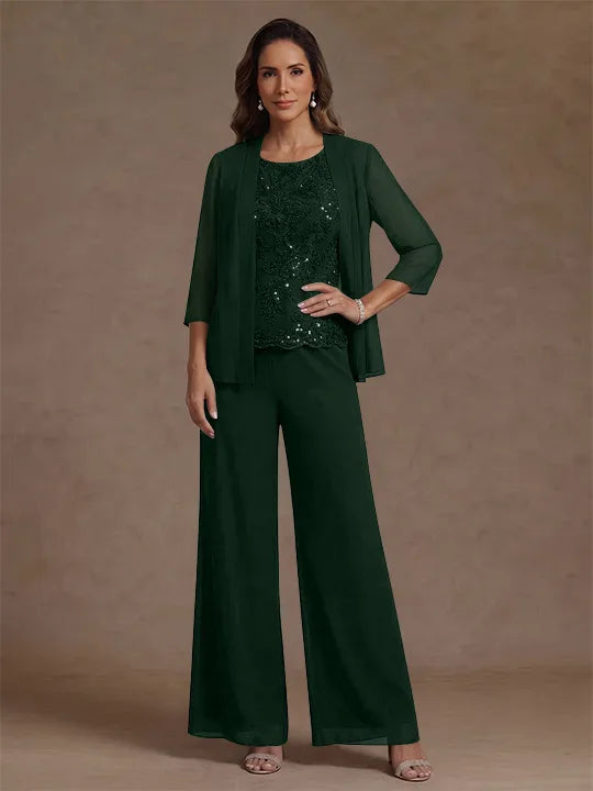3 Pieces Suit Chiffon Mother of the Bride Pantsuits with Jacket Scoop 3/4 Sleeves Ankle Length Lace Sequins