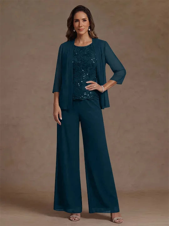 3 Pieces Suit Chiffon Mother of the Bride Pantsuits with Jacket Scoop 3/4 Sleeves Ankle Length Lace Sequins