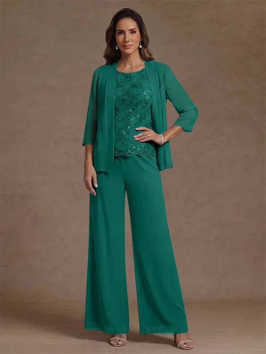 3 Pieces Suit Chiffon Mother of the Bride Pantsuits with Jacket Scoop 3/4 Sleeves Ankle Length Lace Sequins