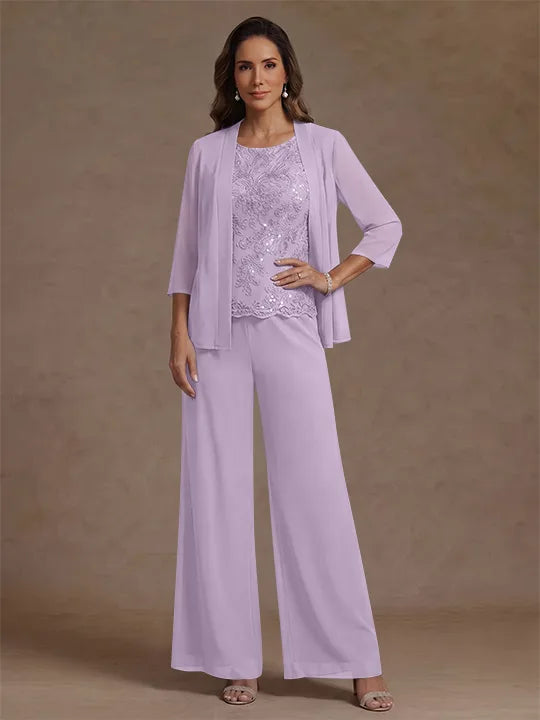3 Pieces Suit Chiffon Mother of the Bride Pantsuits with Jacket Scoop 3/4 Sleeves Ankle Length Lace Sequins