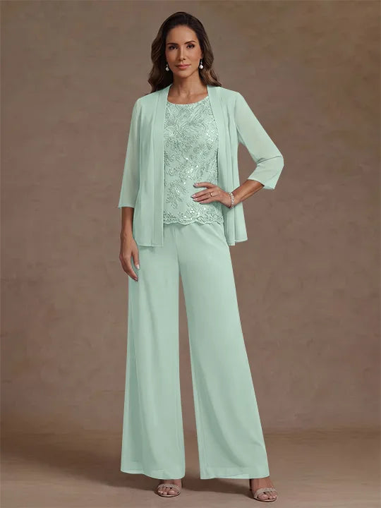 3 Pieces Suit Chiffon Mother of the Bride Pantsuits with Jacket Scoop 3/4 Sleeves Ankle Length Lace Sequins