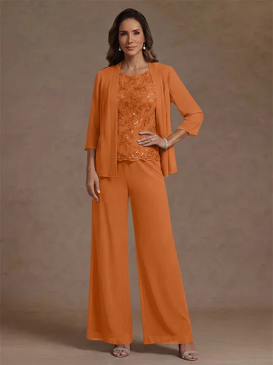 3 Pieces Suit Chiffon Mother of the Bride Pantsuits with Jacket Scoop 3/4 Sleeves Ankle Length Lace Sequins
