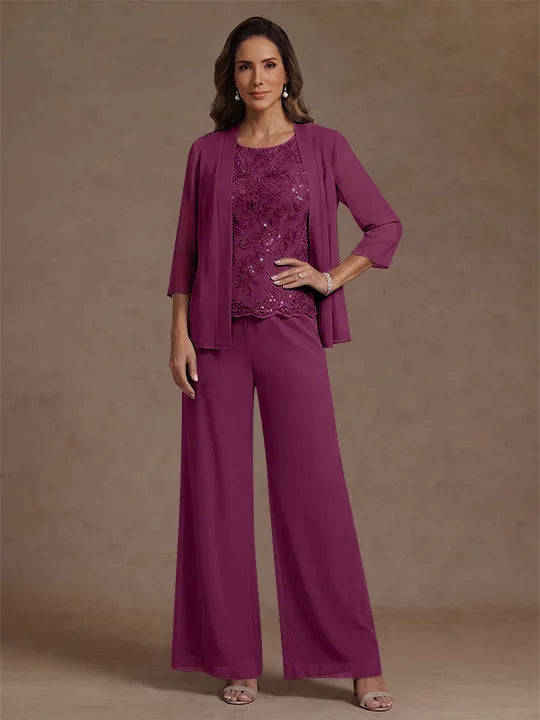 3 Pieces Suit Chiffon Mother of the Bride Pantsuits with Jacket Scoop 3/4 Sleeves Ankle Length Lace Sequins