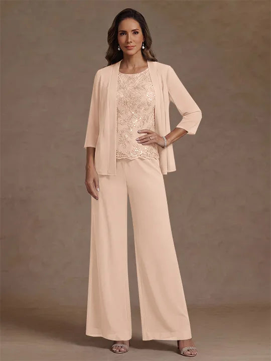 3 Pieces Suit Chiffon Mother of the Bride Pantsuits with Jacket Scoop 3/4 Sleeves Ankle Length Lace Sequins