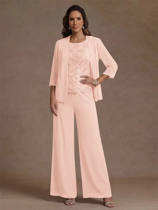 3 Pieces Suit Chiffon Mother of the Bride Pantsuits with Jacket Scoop 3/4 Sleeves Ankle Length Lace Sequins