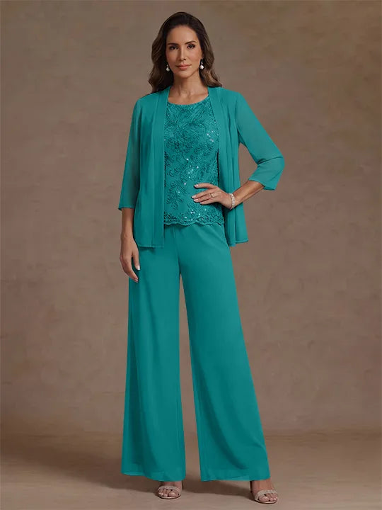 3 Pieces Suit Chiffon Mother of the Bride Pantsuits with Jacket Scoop 3/4 Sleeves Ankle Length Lace Sequins