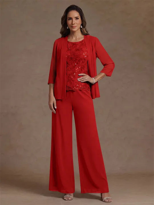 3 Pieces Suit Chiffon Mother of the Bride Pantsuits with Jacket Scoop 3/4 Sleeves Ankle Length Lace Sequins
