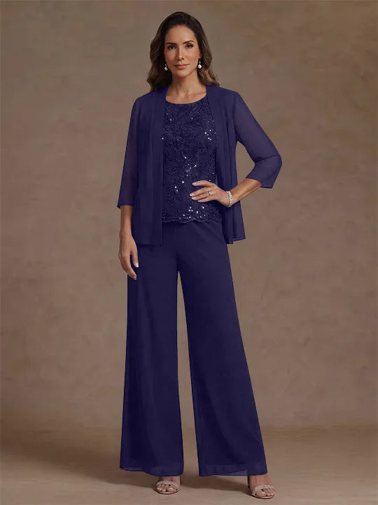 3 Pieces Suit Chiffon Mother of the Bride Pantsuits with Jacket Scoop 3/4 Sleeves Ankle Length Lace Sequins