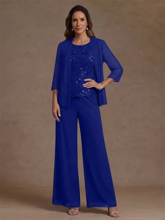 3 Pieces Suit Chiffon Mother of the Bride Pantsuits with Jacket Scoop 3/4 Sleeves Ankle Length Lace Sequins