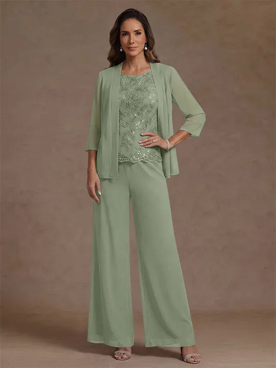 3 Pieces Suit Chiffon Mother of the Bride Pantsuits with Jacket Scoop 3/4 Sleeves Ankle Length Lace Sequins