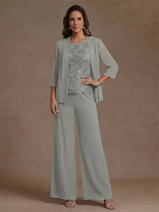 3 Pieces Suit Chiffon Mother of the Bride Pantsuits with Jacket Scoop 3/4 Sleeves Ankle Length Lace Sequins