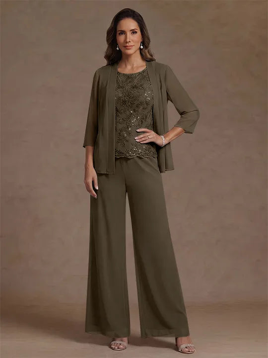 3 Pieces Suit Chiffon Mother of the Bride Pantsuits with Jacket Scoop 3/4 Sleeves Ankle Length Lace Sequins