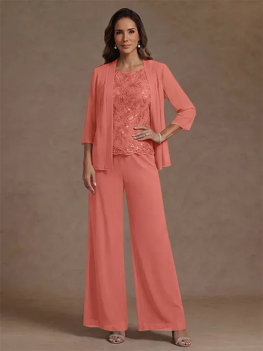 3 Pieces Suit Chiffon Mother of the Bride Pantsuits with Jacket Scoop 3/4 Sleeves Ankle Length Lace Sequins
