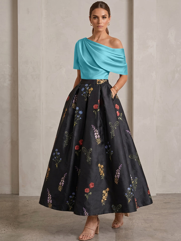 A-Line/Princess One-Shoulder Mother of the Bride Dresses Satin Floral Short Sleeves Ankle Length