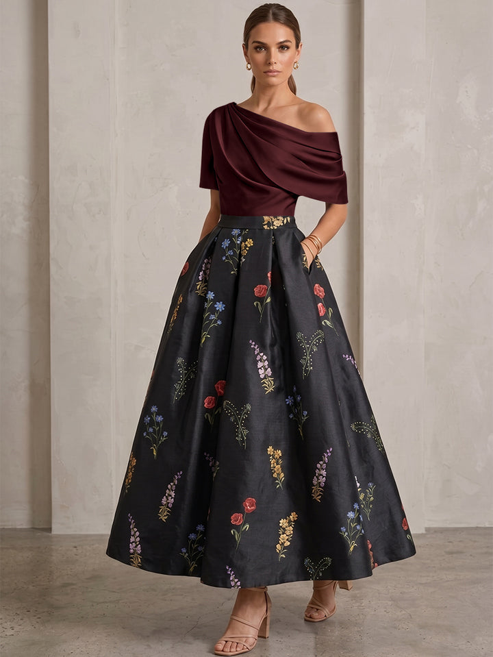 A-Line/Princess One-Shoulder Mother of the Bride Dresses Satin Floral Short Sleeves Ankle Length