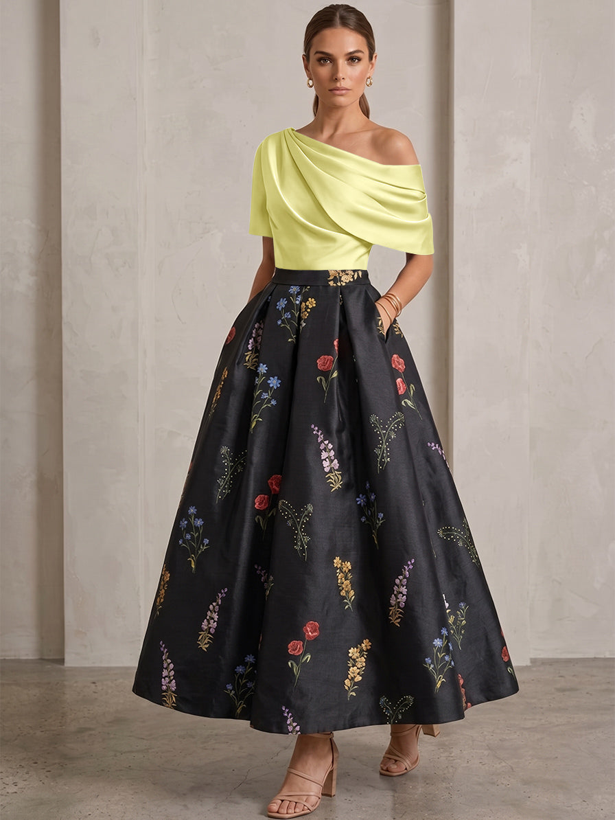 A-Line/Princess One-Shoulder Mother of the Bride Dresses Satin Floral Short Sleeves Ankle Length