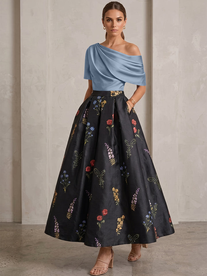 A-Line/Princess One-Shoulder Mother of the Bride Dresses Satin Floral Short Sleeves Ankle Length
