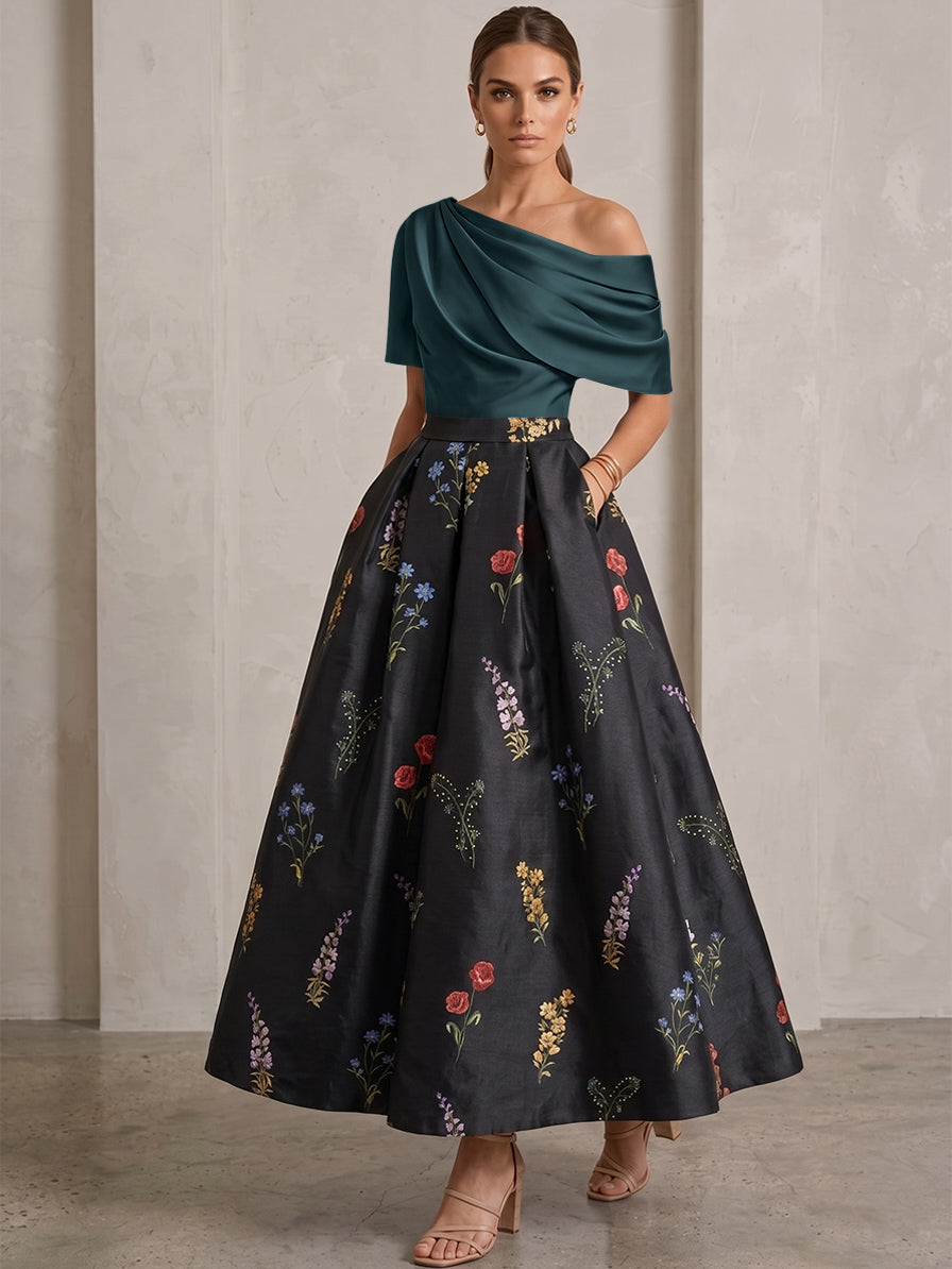 A-Line/Princess One-Shoulder Mother of the Bride Dresses Satin Floral Short Sleeves Ankle Length