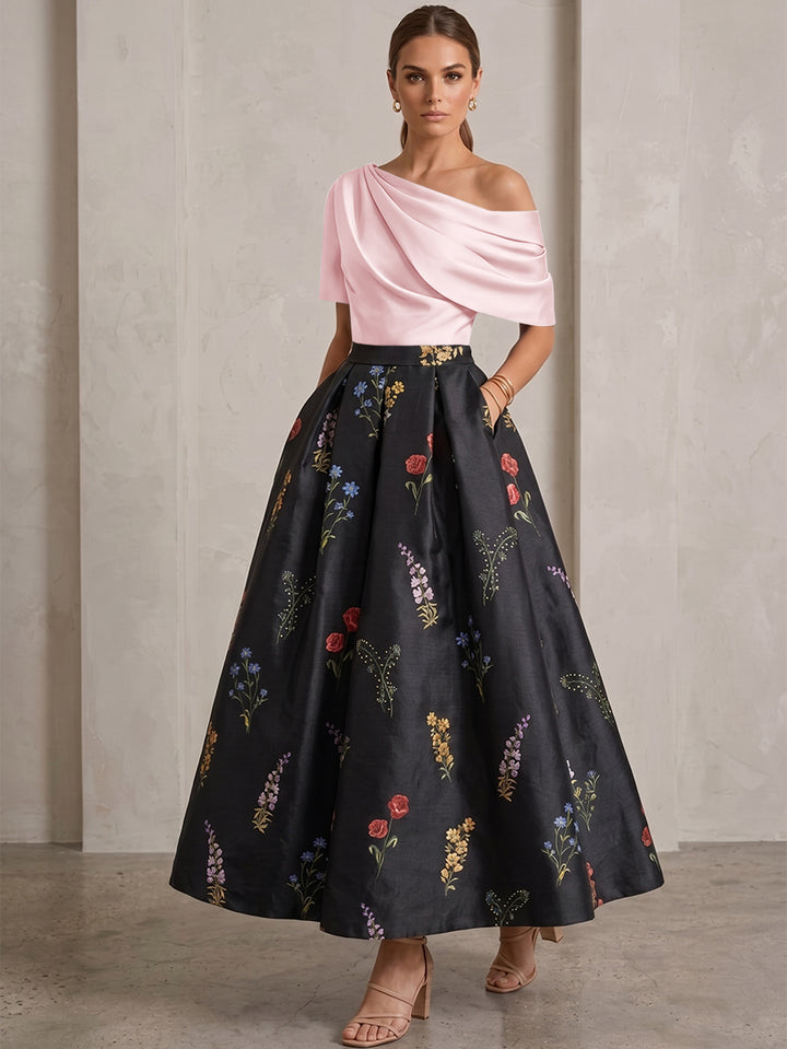 A-Line/Princess One-Shoulder Mother of the Bride Dresses Satin Floral Short Sleeves Ankle Length