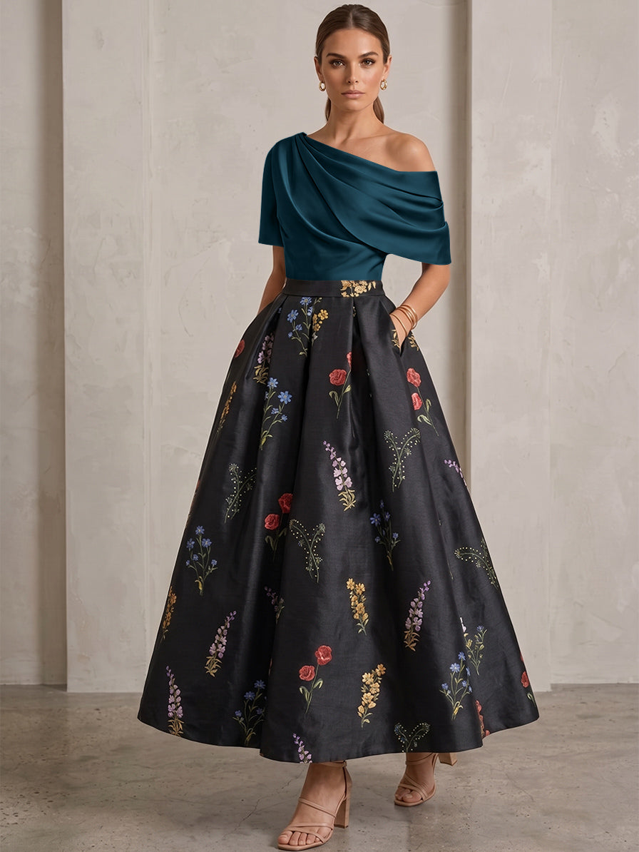 A-Line/Princess One-Shoulder Mother of the Bride Dresses Satin Floral Short Sleeves Ankle Length