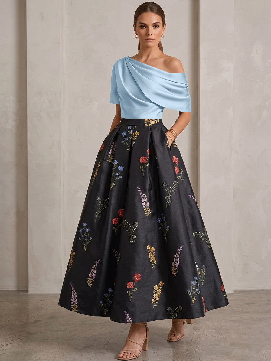 A-Line/Princess One-Shoulder Mother of the Bride Dresses Satin Floral Short Sleeves Ankle Length