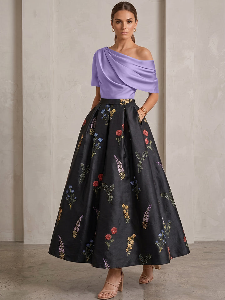 A-Line/Princess One-Shoulder Mother of the Bride Dresses Satin Floral Short Sleeves Ankle Length