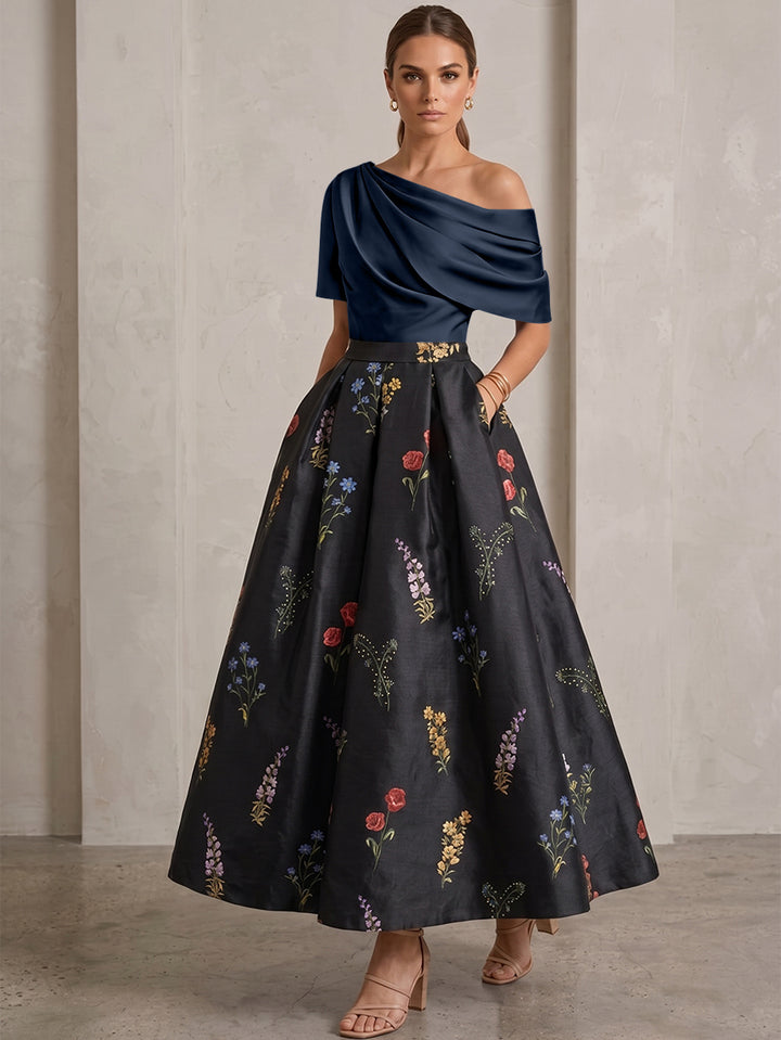 A-Line/Princess One-Shoulder Mother of the Bride Dresses Satin Floral Short Sleeves Ankle Length