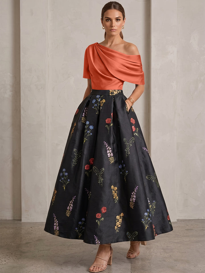 A-Line/Princess One-Shoulder Mother of the Bride Dresses Satin Floral Short Sleeves Ankle Length