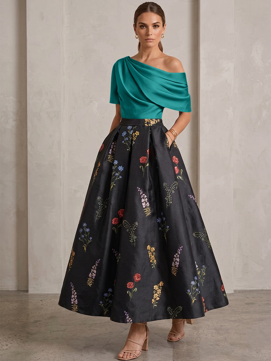 A-Line/Princess One-Shoulder Mother of the Bride Dresses Satin Floral Short Sleeves Ankle Length