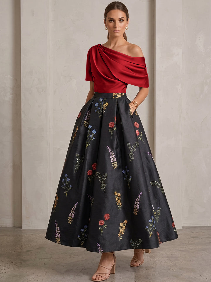 A-Line/Princess One-Shoulder Mother of the Bride Dresses Satin Floral Short Sleeves Ankle Length
