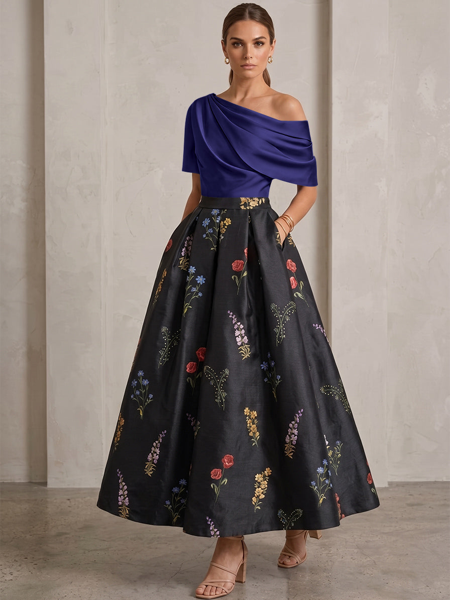 A-Line/Princess One-Shoulder Mother of the Bride Dresses Satin Floral Short Sleeves Ankle Length