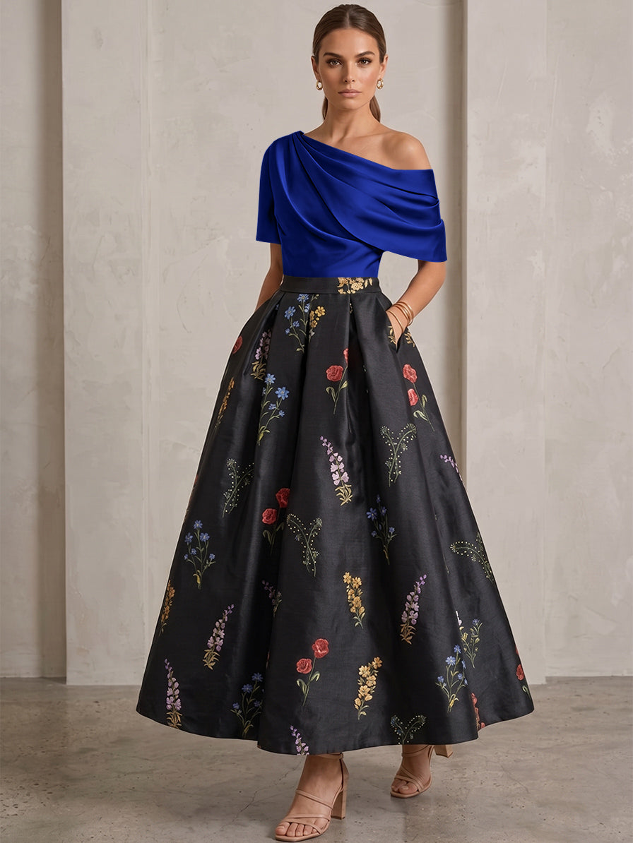 A-Line/Princess One-Shoulder Mother of the Bride Dresses Satin Floral Short Sleeves Ankle Length