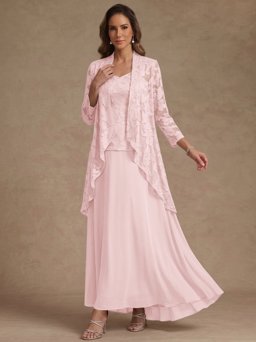3 Pieces Suit A-Line/Princess V-Neck Chiffon Mother of the Bride Dresses with Jacket Lace Ankle-Length 3/4 Sleeves